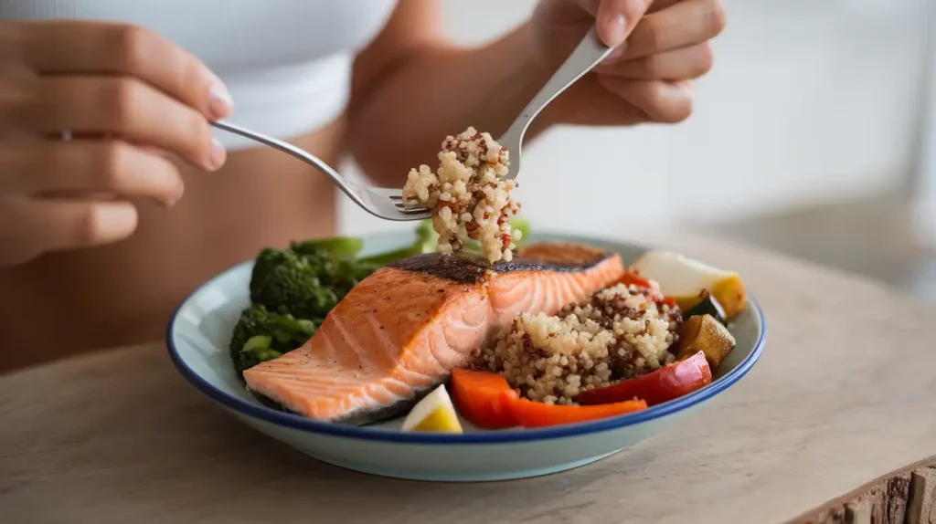 A happy person enjoying a nutritious meal, showing the benefits of the Virgin Diet.