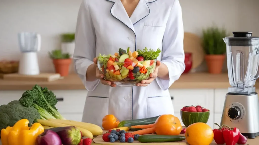 A smiling nutritionist holding a fresh salad bowl, symbolizing guidance for starting the Virgin Diet.