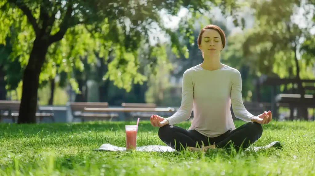 A relaxed person meditating outdoors, promoting mental health benefits of the Virgin Diet.