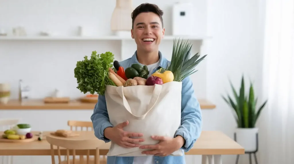 A happy individual holding a shopping bag of fresh vegetables for the Tiffany Diet