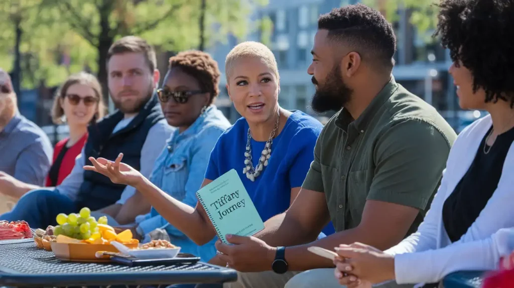 Three people sharing their Tiffany Diet success stories in a supportive group setting