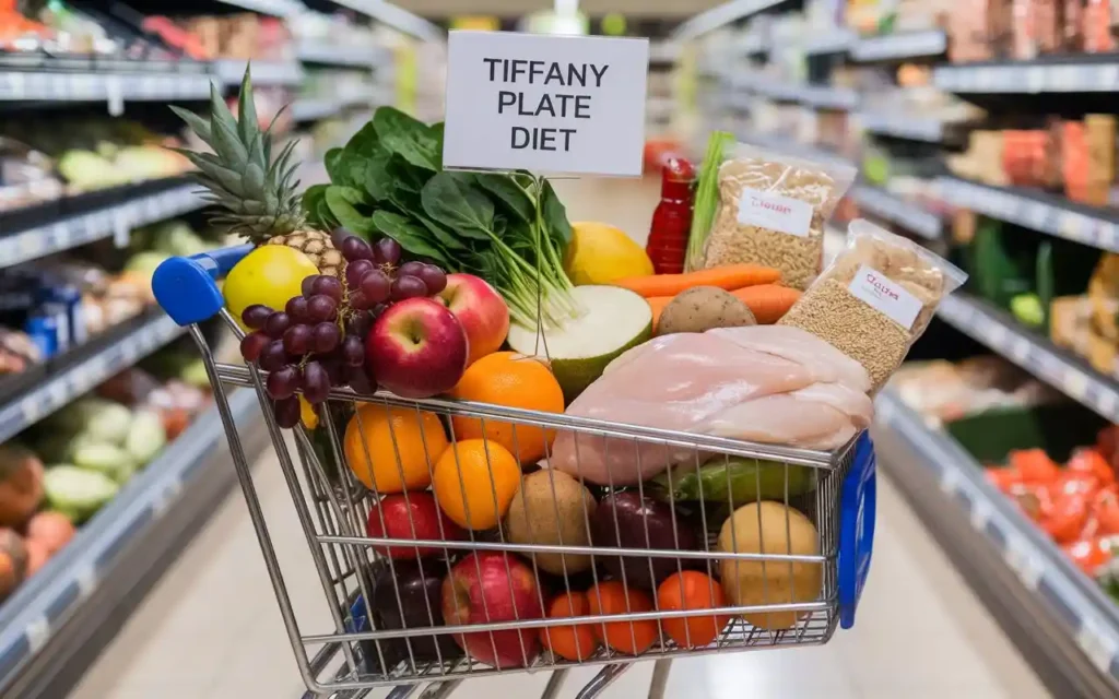 A grocery cart filled with fresh produce for the Tiffany Plate Diet.
