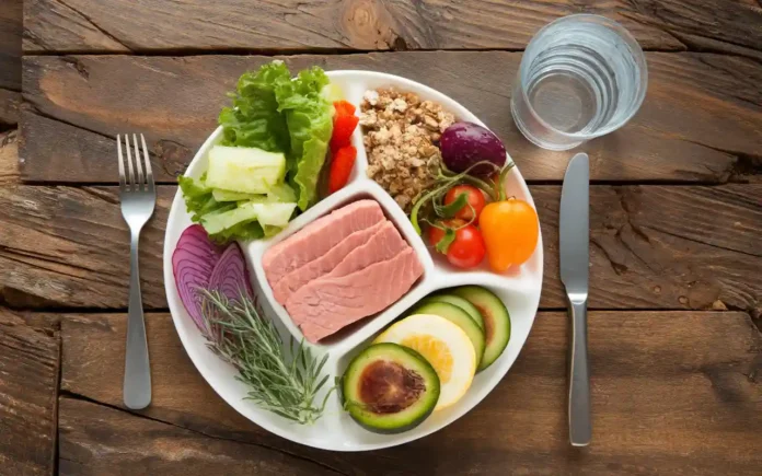 A colorful plate divided into balanced portions representing the Tiffany Plate Diet.