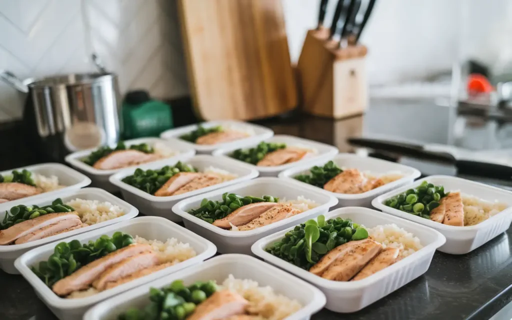 A person organizing Tiffany Plate Diet meals in meal prep containers.
