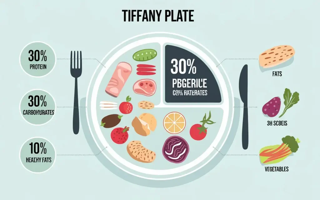 A diagram showing the portions of a Tiffany Plate Diet meal.