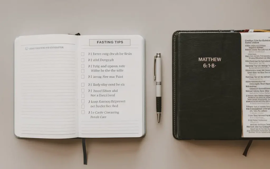 A checklist of fasting tips alongside a Bible open to Matthew 6.