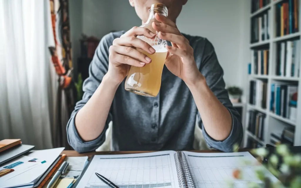 A person drinking a homemade electrolyte solution during fasting.
