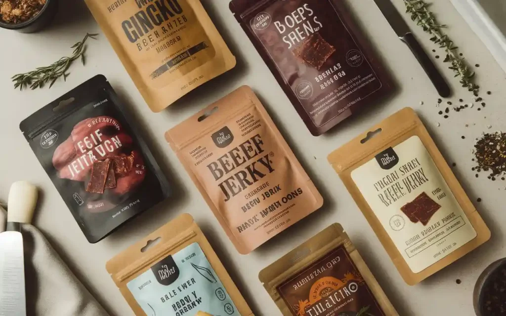 Assorted beef jerky packs from top carnivore-approved brands displayed on a kitchen counter