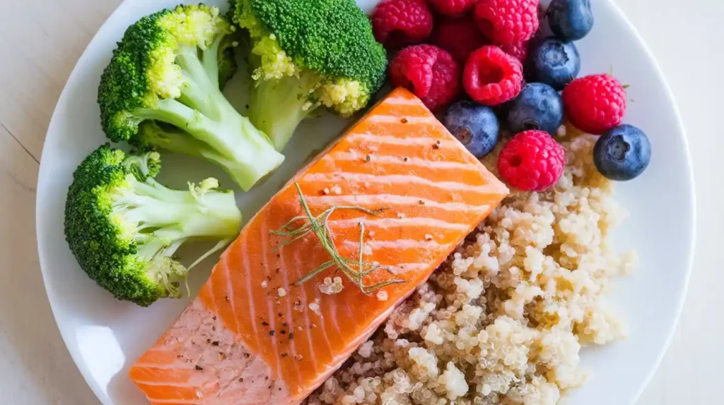 A colorful plate with broccoli, salmon, quinoa, and berries