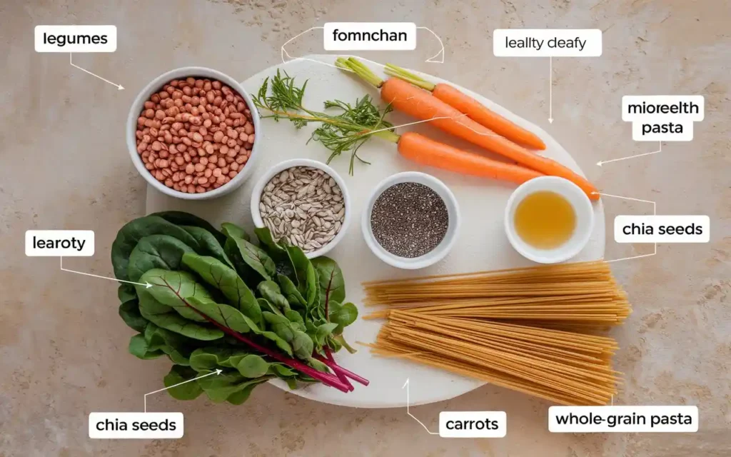 A neatly arranged platter featuring top high-fiber foods like legumes, whole grains, and vegetables