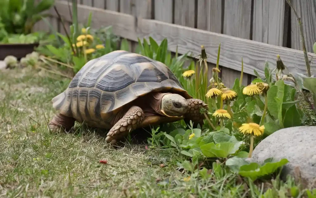 A tortoise grazing in a small, homegrown garden filled with tortoise-safe plants.