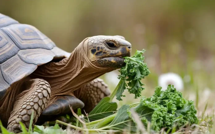 A tortoise eating fresh green leaves, representing a balanced tortoise diet.