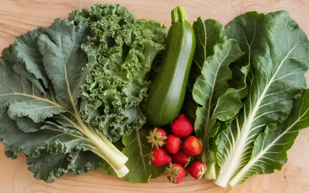 A variety of tortoise-safe greens, vegetables, and fruits arranged in a colorful spread.