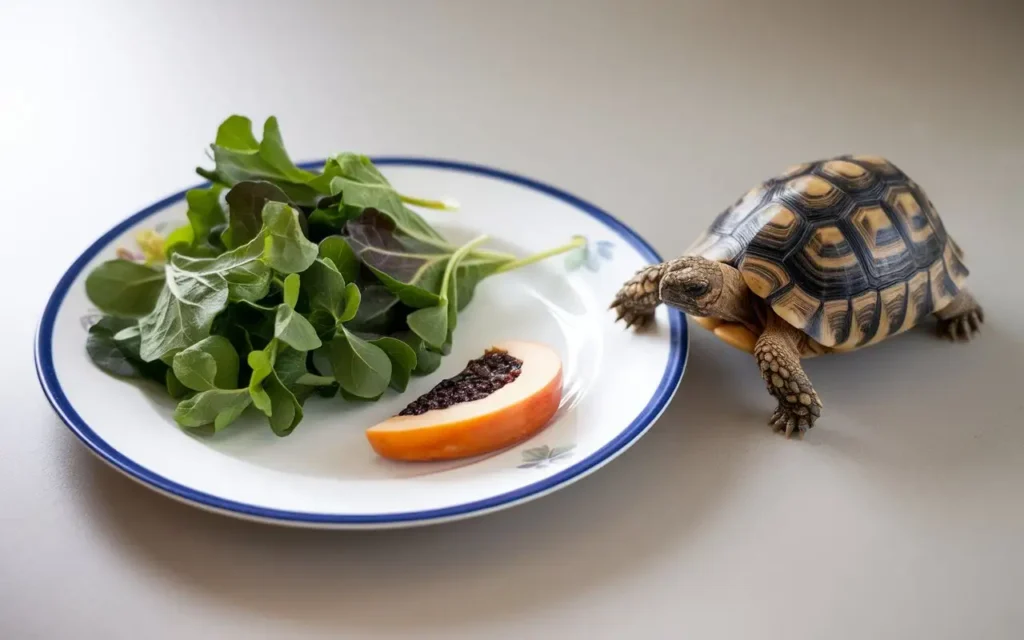 A portion-sized meal for a tortoise placed on a small plate.