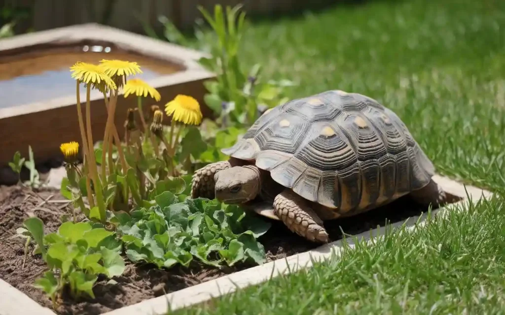 A small garden with tortoise-friendly plants like dandelions and clover