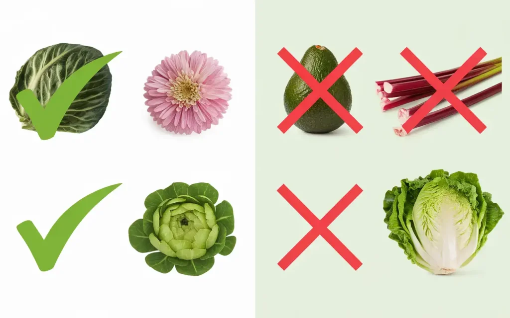 A side-by-side display of tortoise-safe foods and foods to avoid.