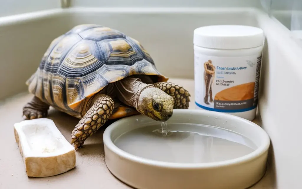 A tortoise drinking water next to a cuttlebone for calcium supplementation.