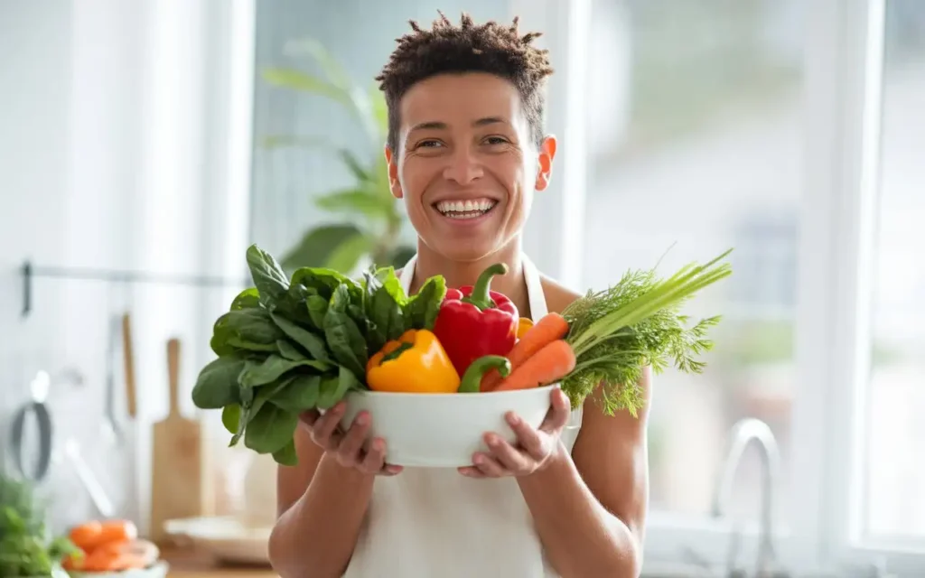 A person smiling and holding a bowl of fresh vegetables as part of the tortuous colon diet