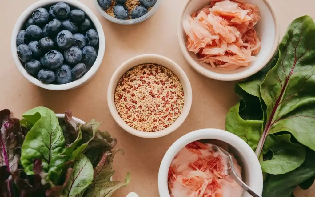 A flat lay of essential foods for the tortuous colon diet, including berries, whole grains, and fermented foods