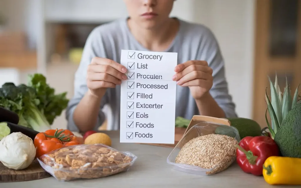 A person confused while looking at a grocery list with processed foods, representing mistakes in the tortuous colon diet