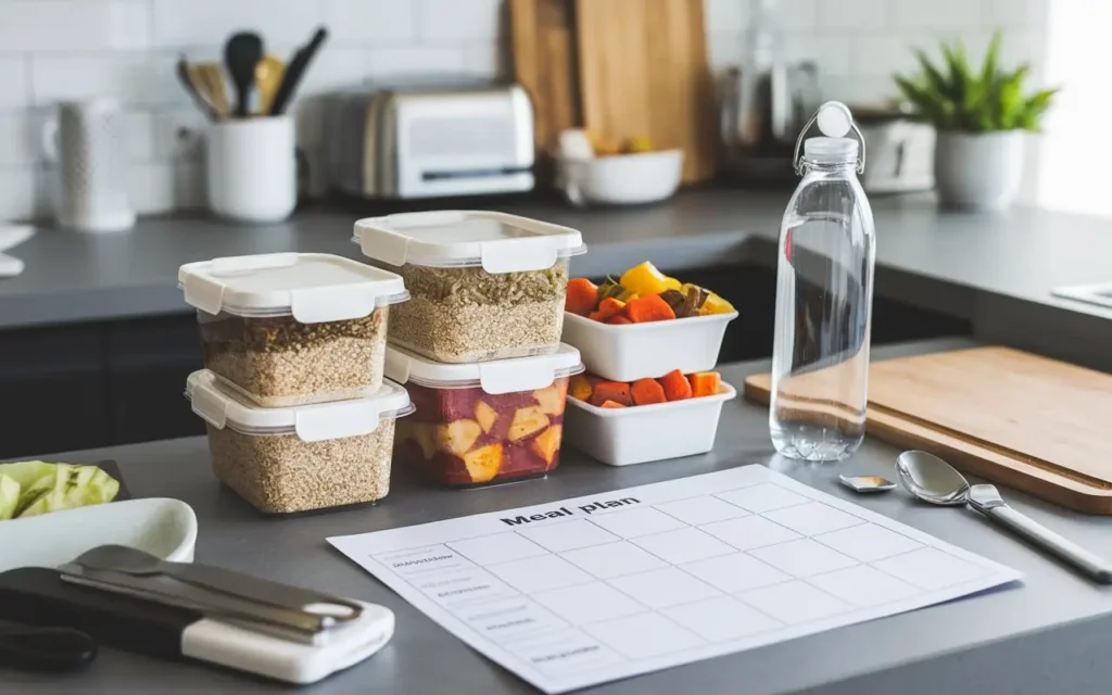 A detailed meal prep setup with foods for the tortuous colon diet, including storage containers and a weekly plan