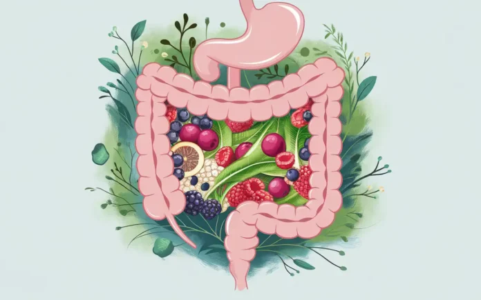 A vibrant illustration of a healthy digestive system with foods included in the tortuous colon diet