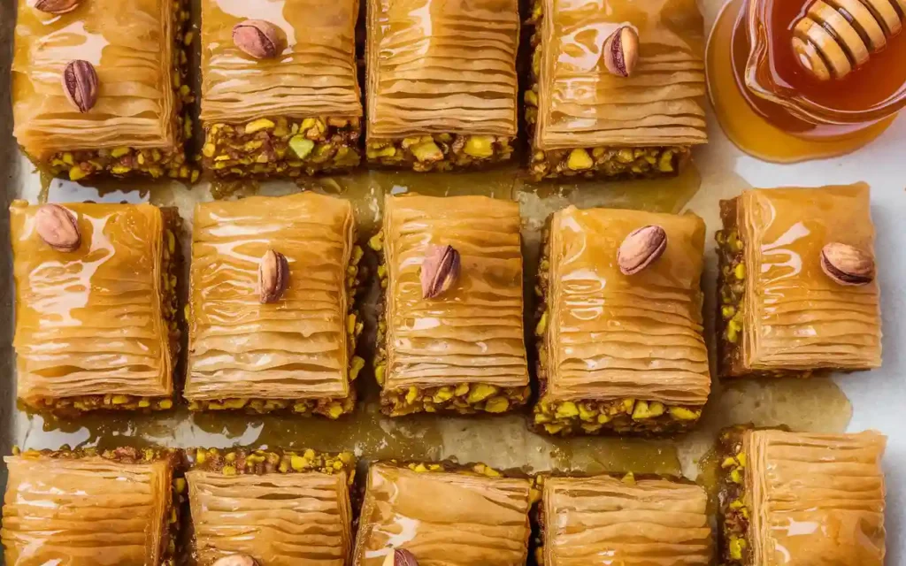 Layers of flaky baklava filled with chopped nuts and drizzled with honey