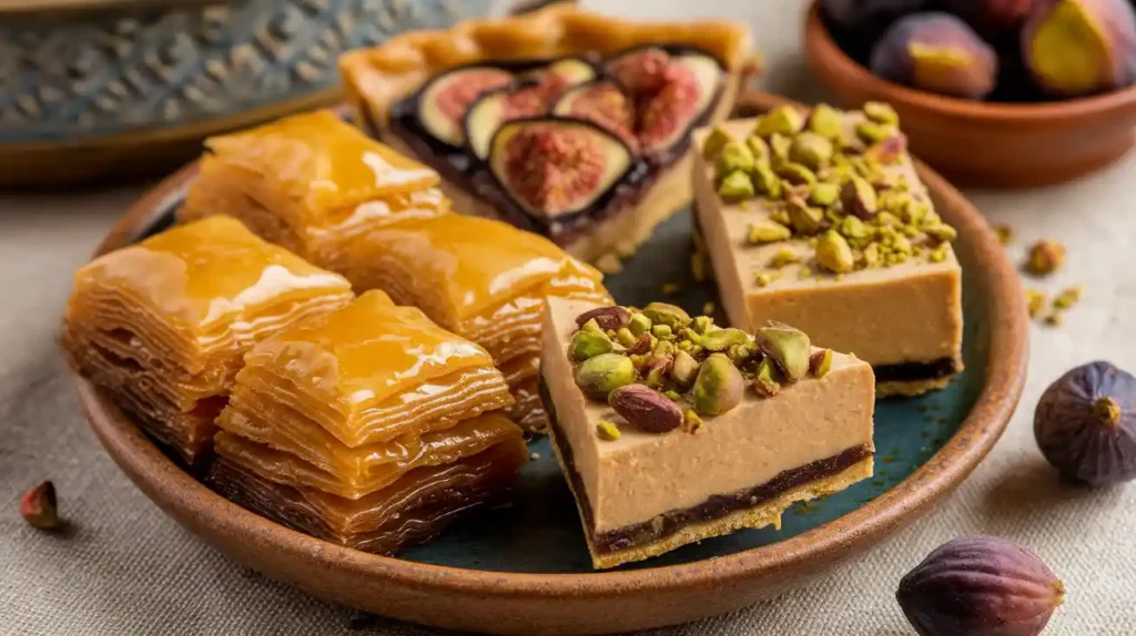 A close-up of traditional mediterranean diet dessert recipes such as baklava, halva, and a fig tart on a ceramic plate.