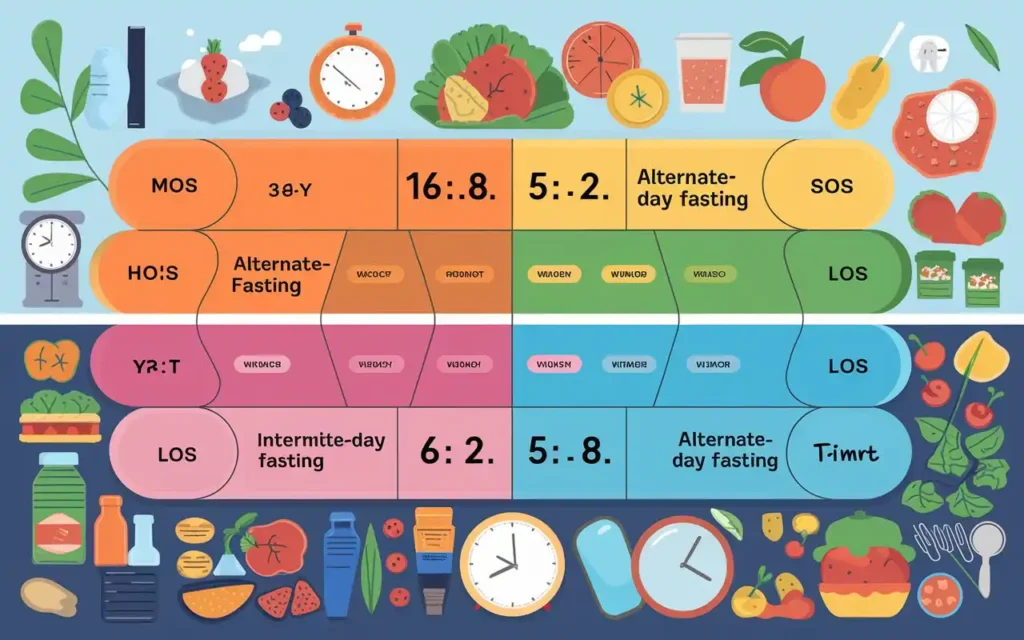 Comparison chart of intermittent fasting types for menopause, highlighting schedules like 16:8 and 5:2.