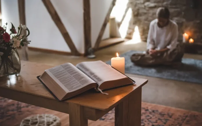 Types of fasting in the Bible: A serene biblical scene depicting prayer and fasting