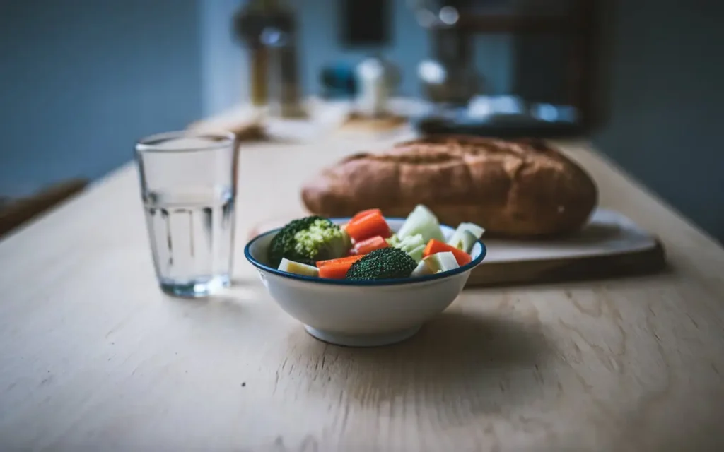 Types of fasting in the Bible: Illustration of partial fasting with a simple meal of vegetables and water