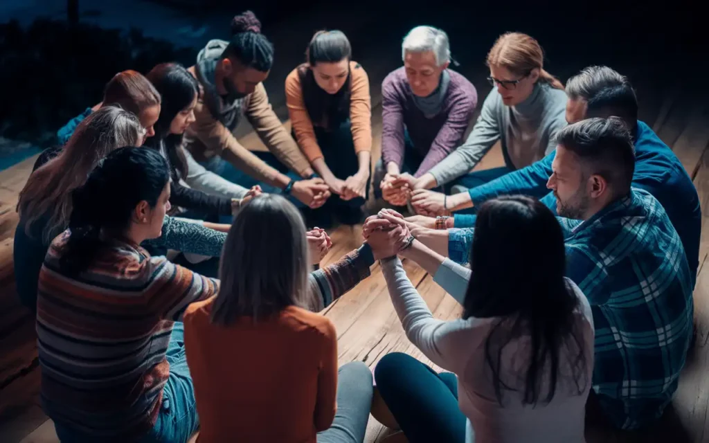 A group of people holding hands in communal prayer during fasting.
