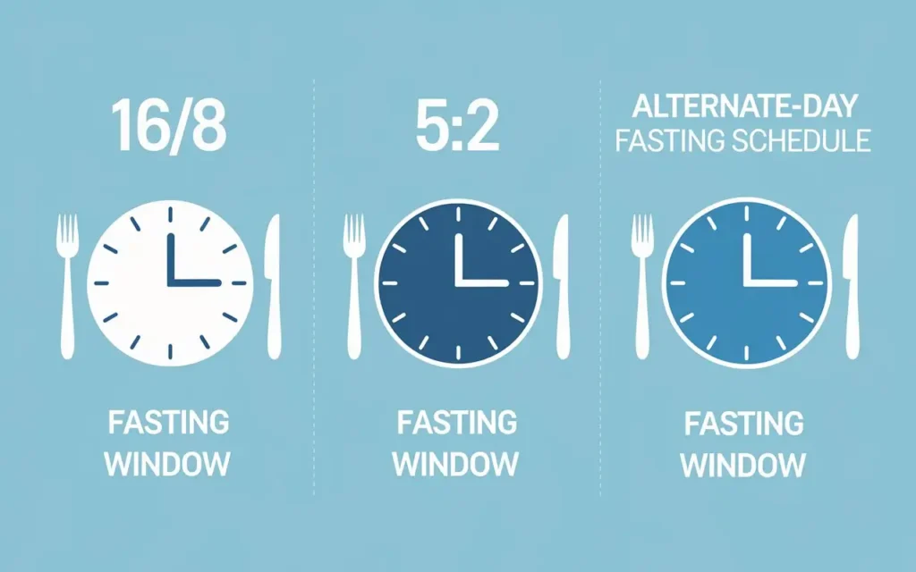 An infographic-style illustration of various intermittent fasting methods, including the 16/8 and 5:2 methods.
