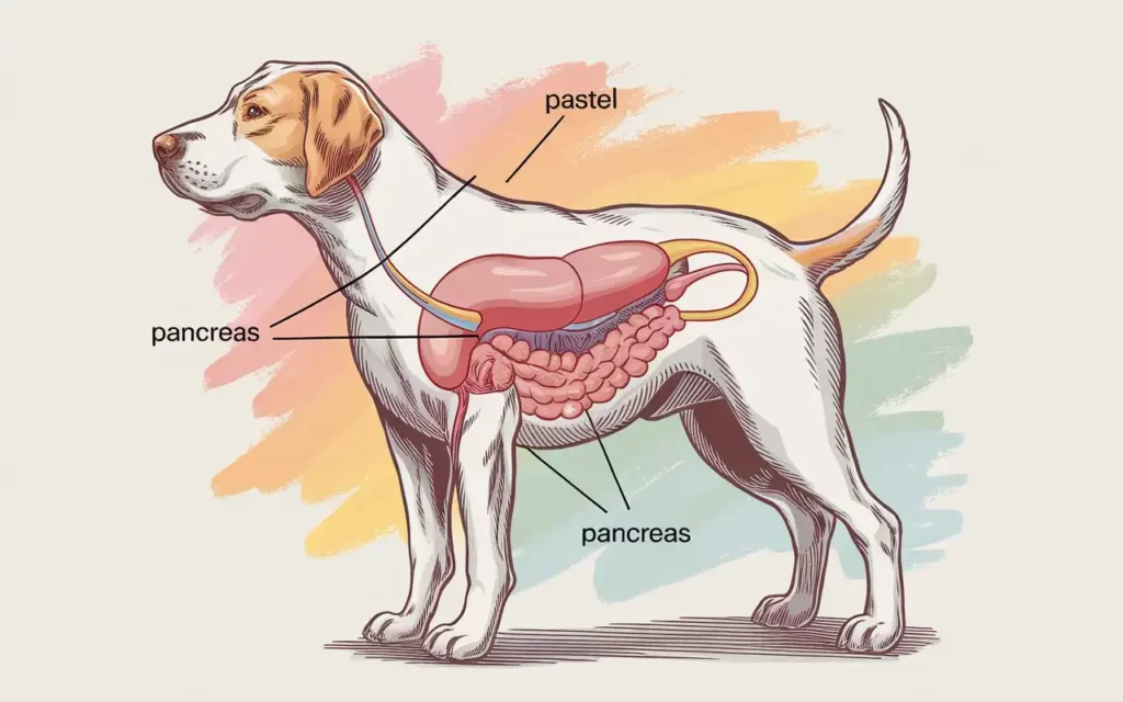 Diagram showing a dog's digestive system, highlighting the pancreas