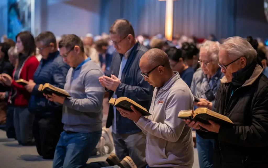 A group of people kneeling in prayer during fasting, reflecting on Bible verses