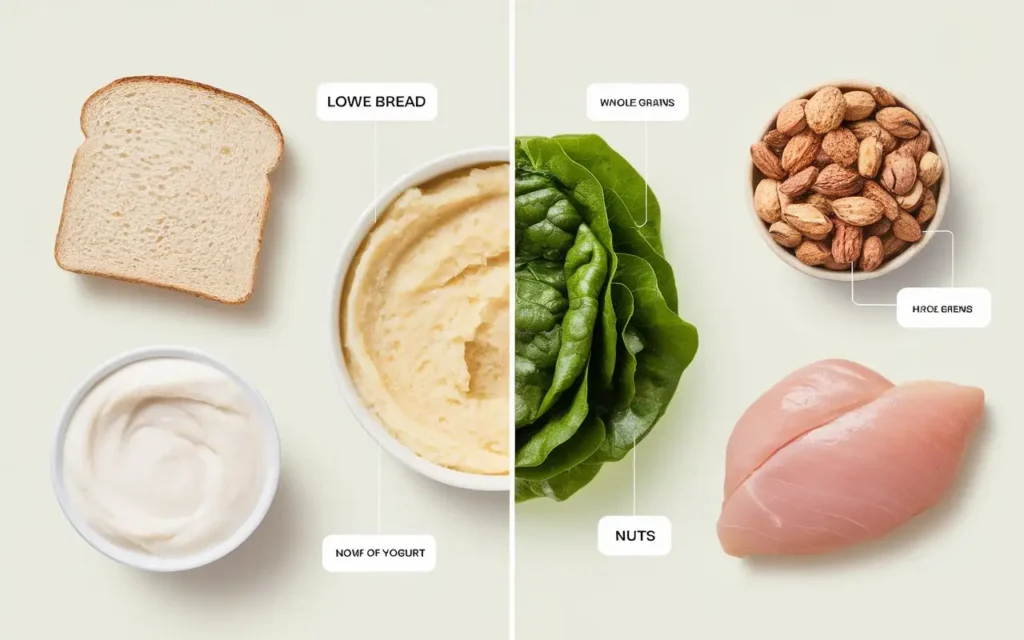 Visual representation of low-fiber vs. high-fiber foods for colonoscopy.