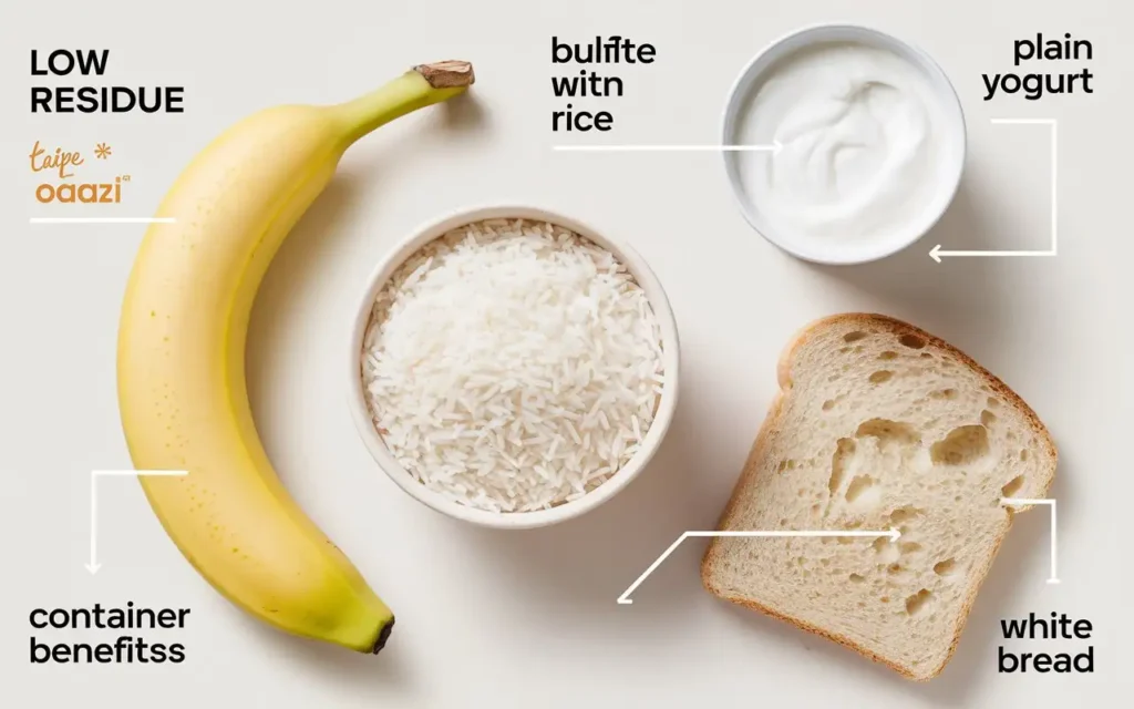 Illustration of low residue foods with labeled portions for colonoscopy preparation