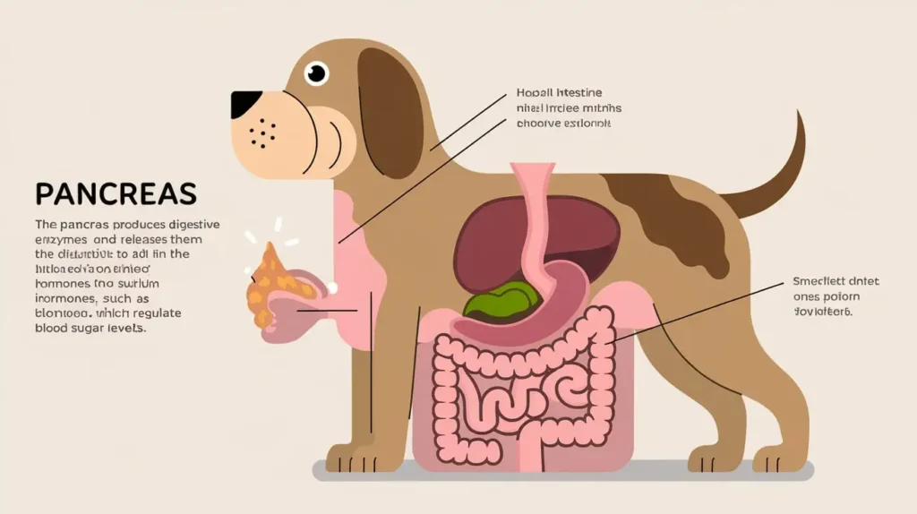 Illustration of a dog's digestive system highlighting the pancreas and its role