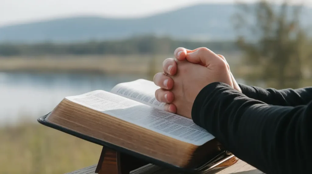 A person praying with an open Bible, symbolizing understanding prayer