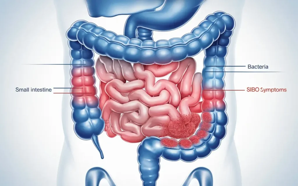 Digestive system diagram explaining SIBO causes and effects