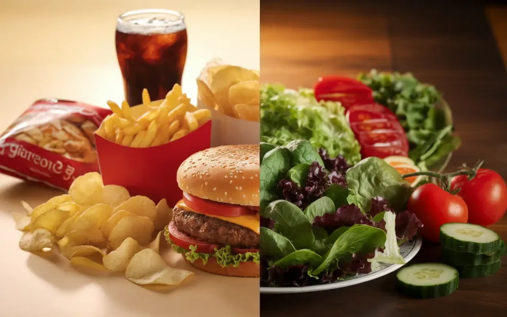 Processed foods to avoid in a healthy gut diet plan, including fast food, sugary drinks, and chips