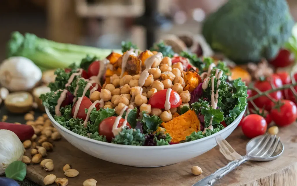 A healthy vegan salad bowl with a focus on vibrant, fresh ingredients, symbolizing the benefits of a plant-based diet.
