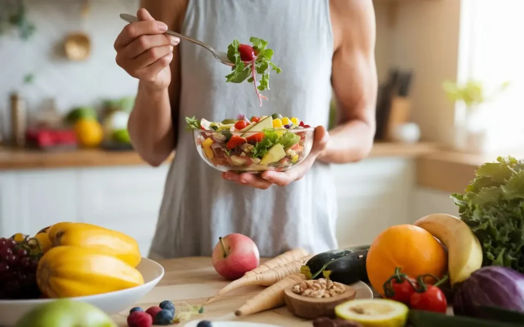 A smiling person holding a bowl of vegan food, showcasing weight loss and energy.
