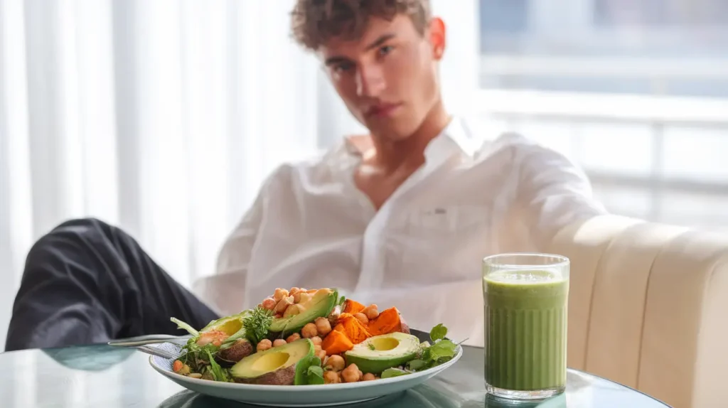 A vegan male model enjoying a colorful plant-based meal