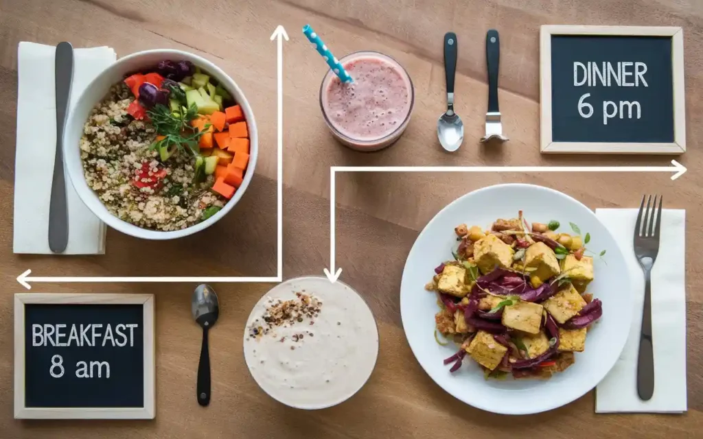 A colorful vegan meal plan spread with labeled food portions for lunch, snack, and dinner during a fasting schedule.
