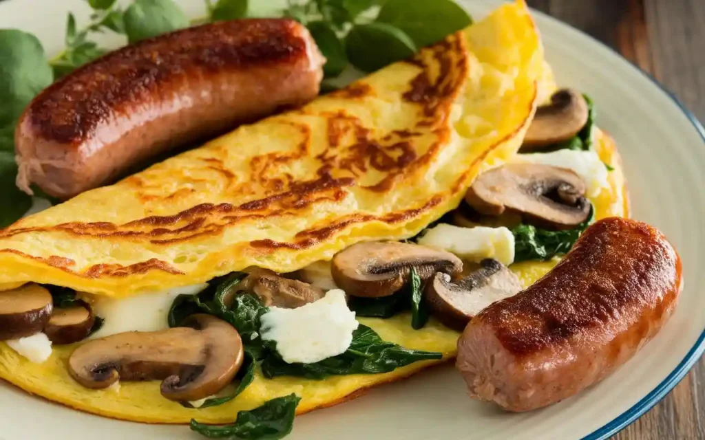 Vegetable and cheese omelet with sausage.
 sarah hallberg diet