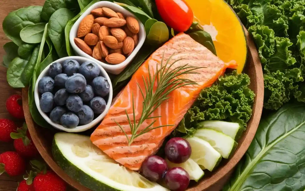 A colorful array of leafy greens, fresh fruits, nuts, and salmon for a migraine-friendly diet.