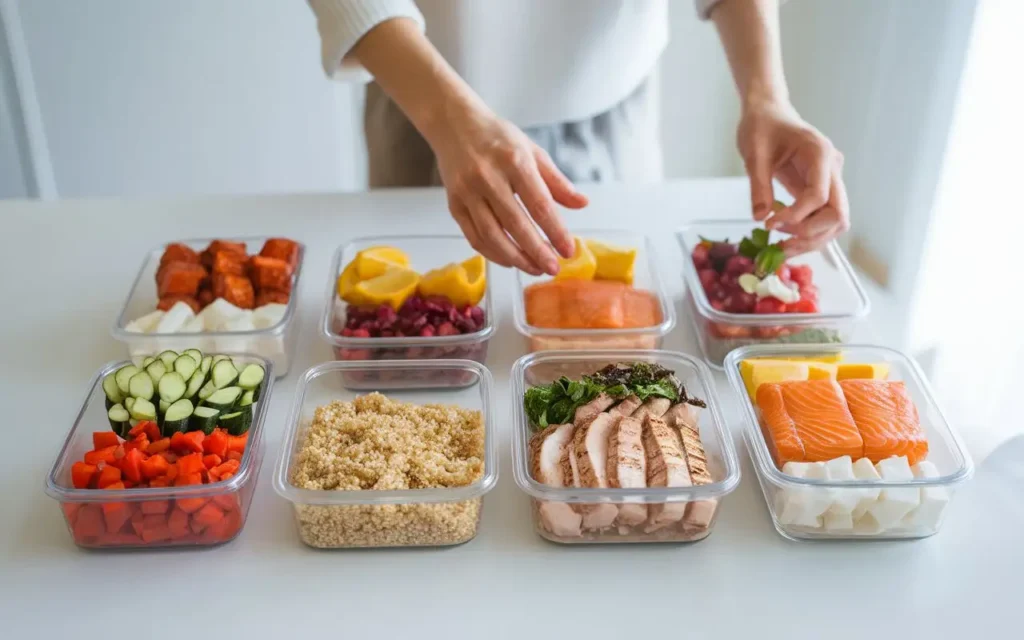 A kitchen counter with prepped containers of vegetables, quinoa, and lean proteins for a vestibular migraine diet.