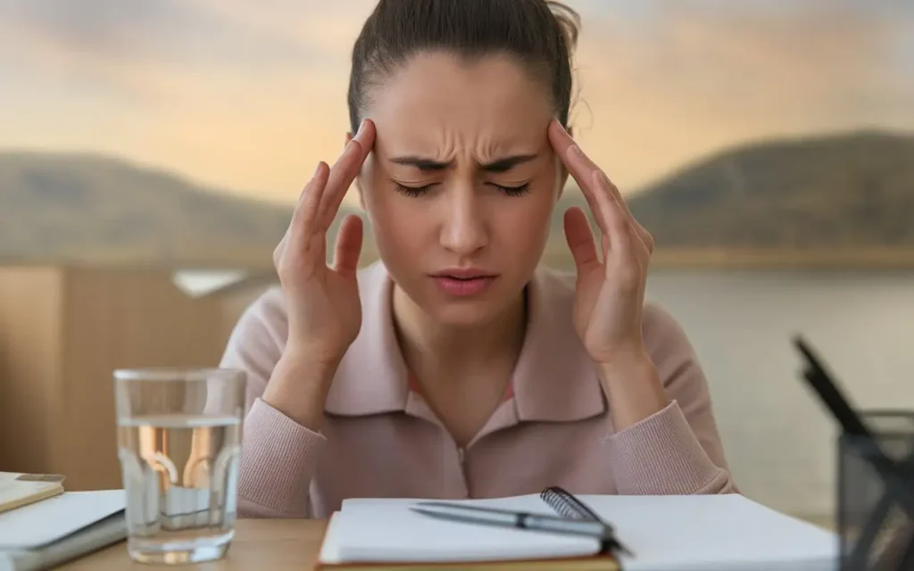 A woman sitting at a desk holding her head with a pained expression, depicting vestibular migraine symptoms.