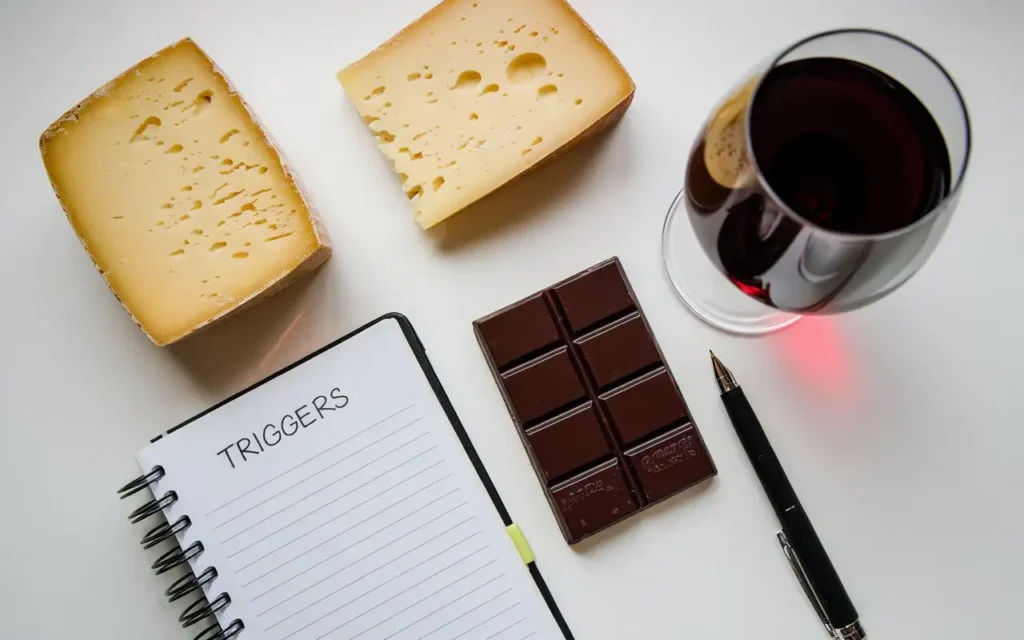 A selection of common migraine-trigger foods like aged cheese, chocolate, and red wine.